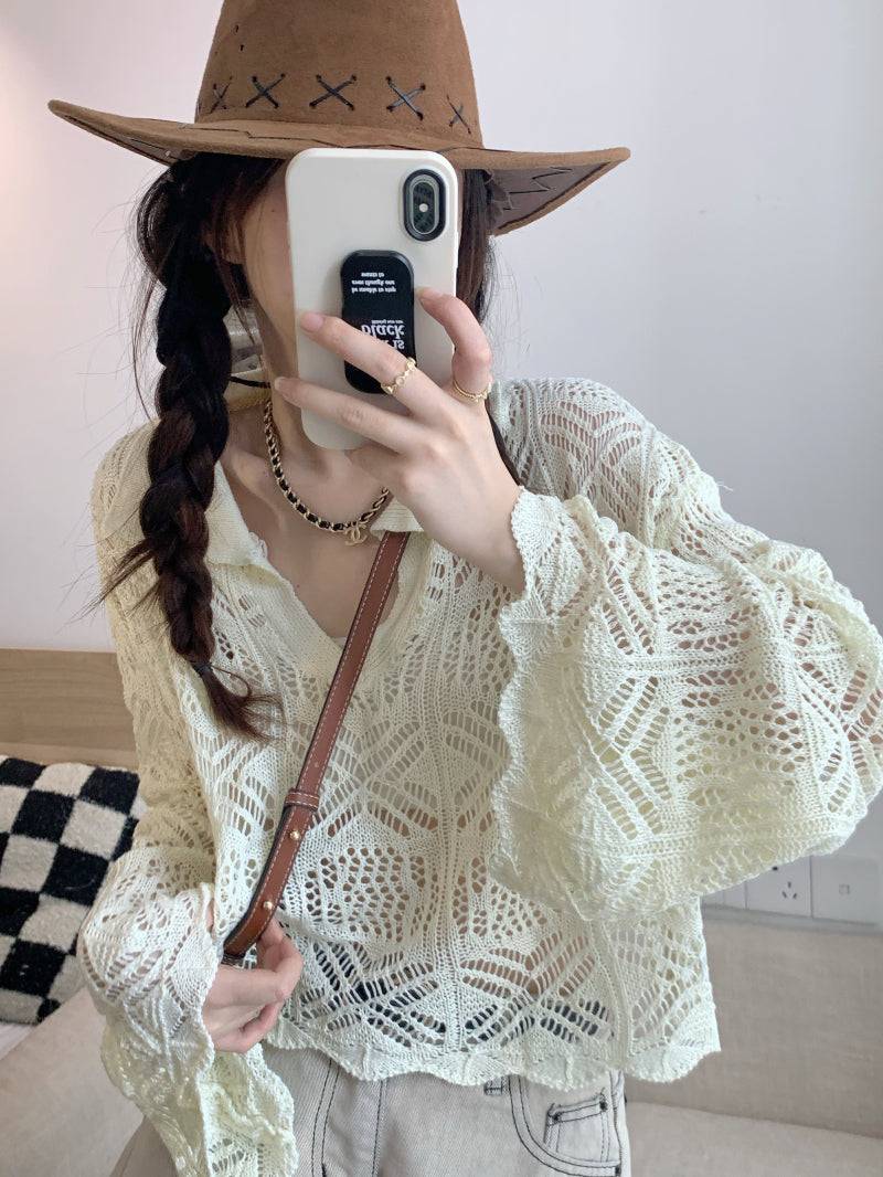 korean hollow knit pullover, flared sleeve summer sweater, loose fit sun protection top, lightweight knit cover-up, korean commuter fashion top