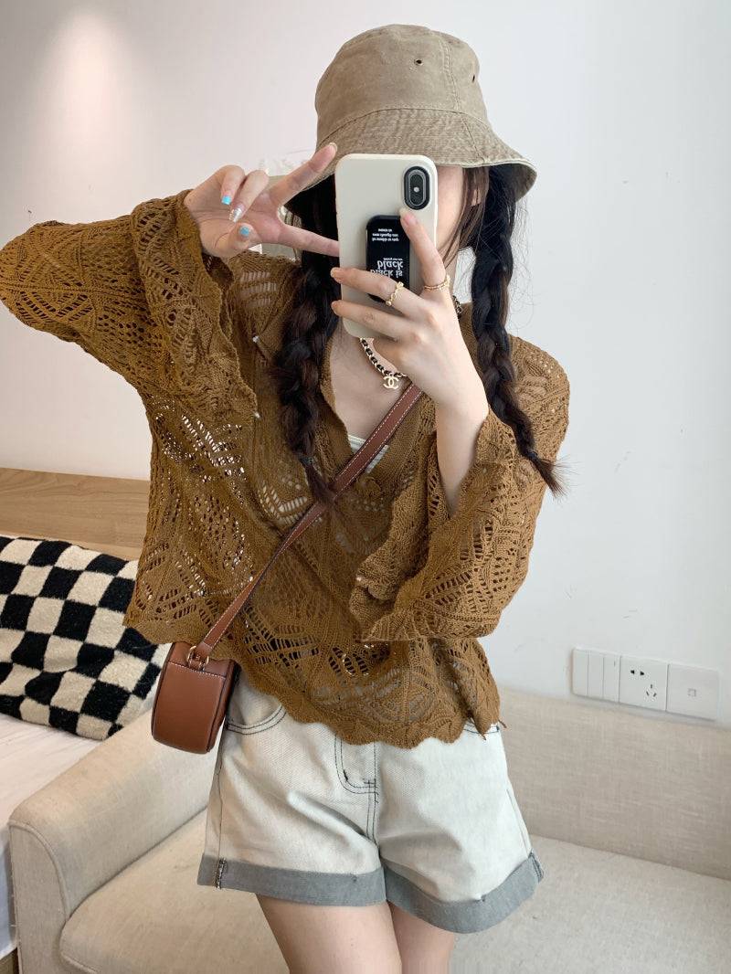 korean hollow knit pullover, flared sleeve summer sweater, loose fit sun protection top, lightweight knit cover-up, korean commuter fashion top