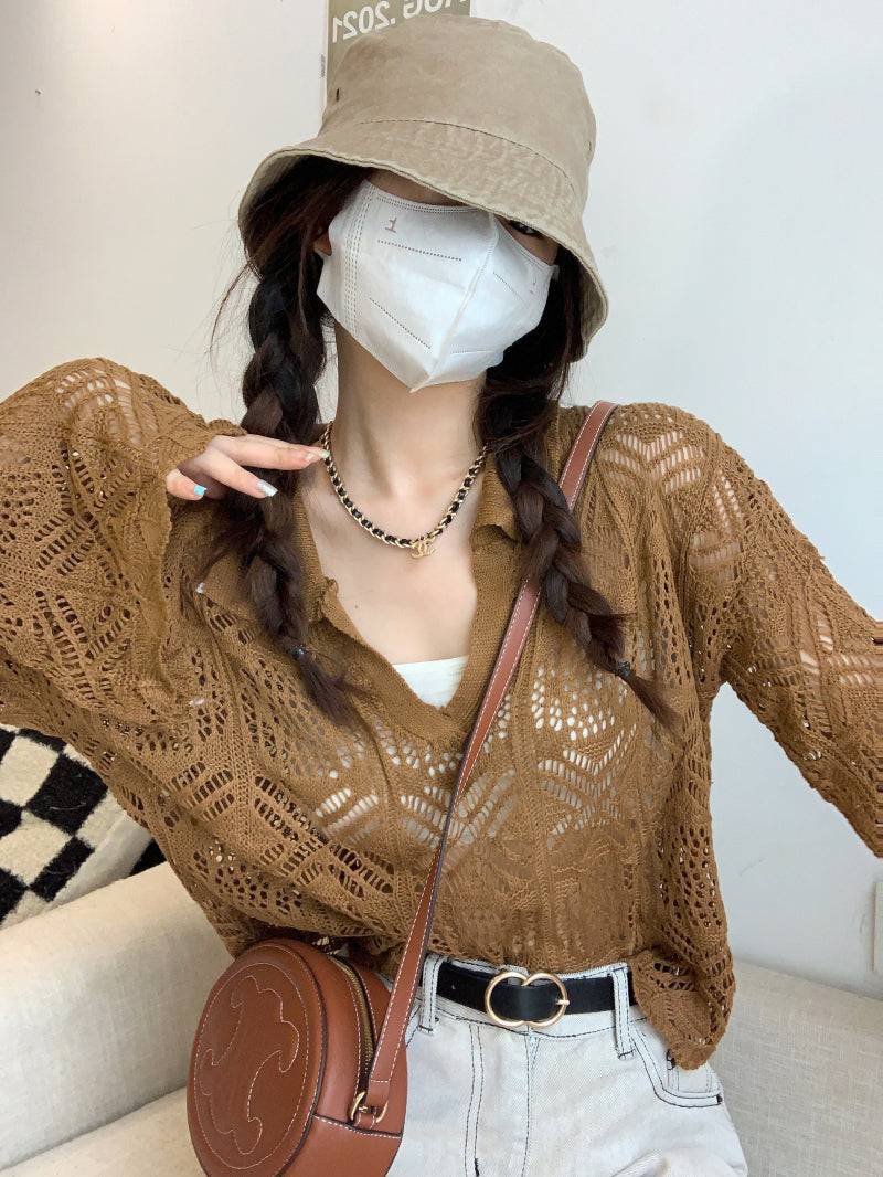 korean hollow knit pullover, flared sleeve summer sweater, loose fit sun protection top, lightweight knit cover-up, korean commuter fashion top