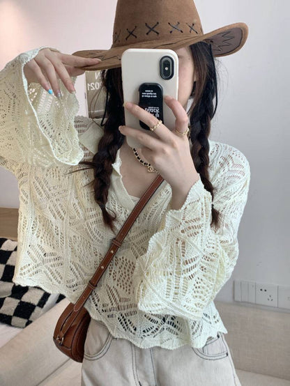 korean hollow knit pullover, flared sleeve summer sweater, loose fit sun protection top, lightweight knit cover-up, korean commuter fashion top