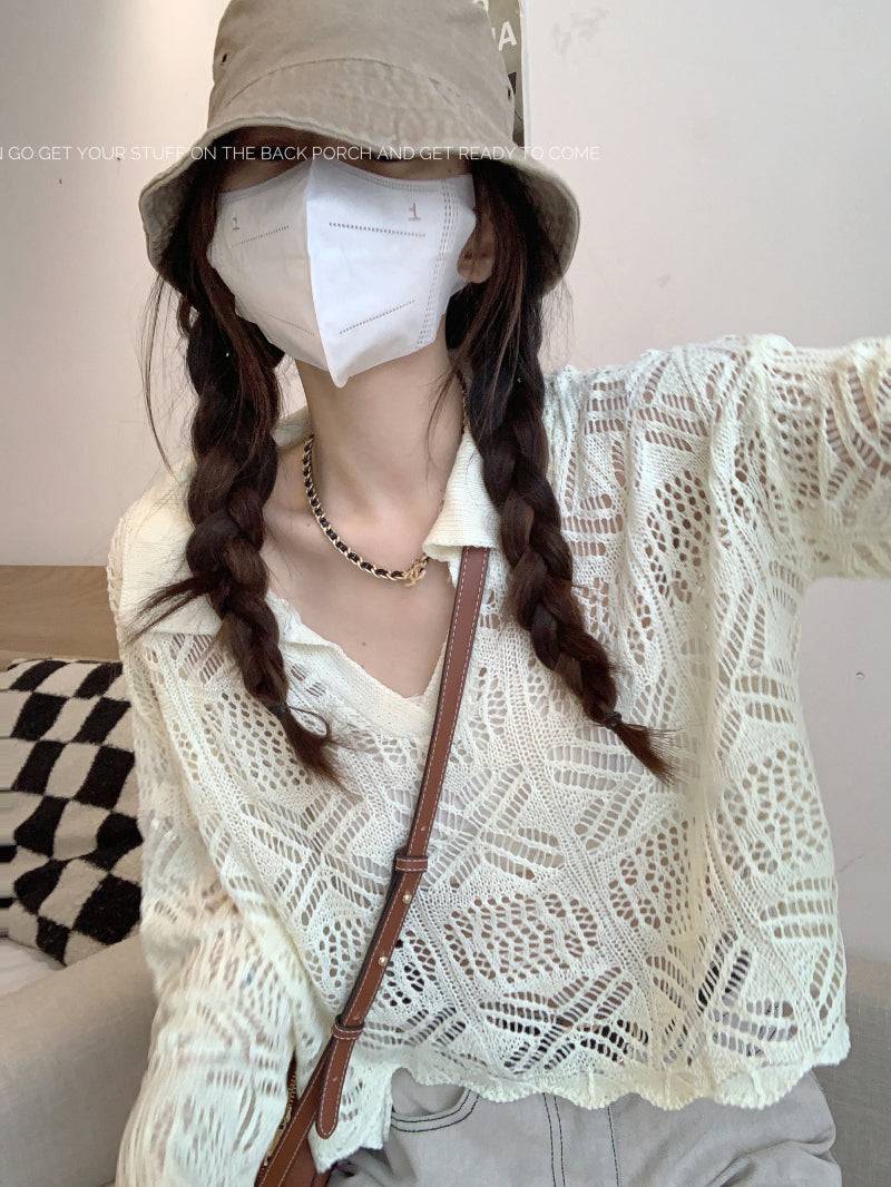 korean hollow knit pullover, flared sleeve summer sweater, loose fit sun protection top, lightweight knit cover-up, korean commuter fashion top