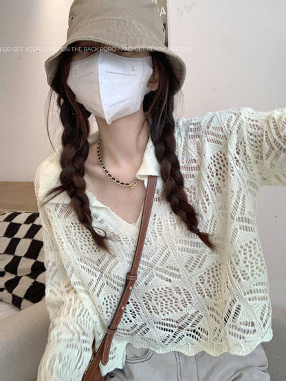 korean hollow knit pullover, flared sleeve summer sweater, loose fit sun protection top, lightweight knit cover-up, korean commuter fashion top