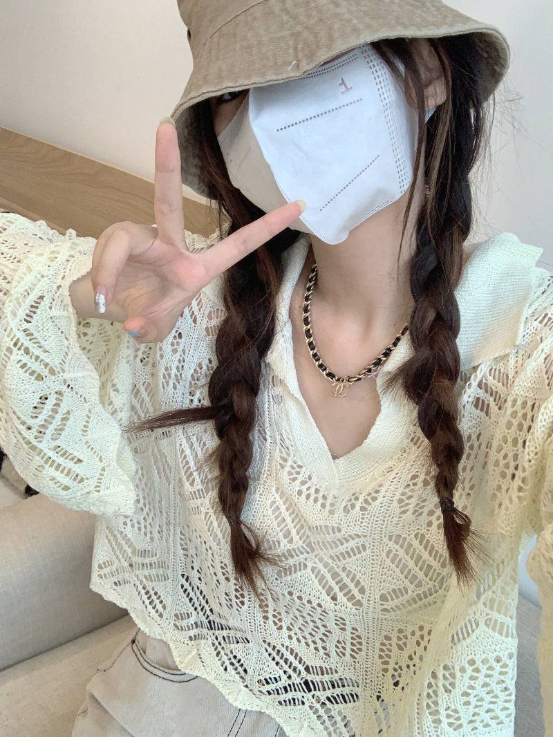 korean hollow knit pullover, flared sleeve summer sweater, loose fit sun protection top, lightweight knit cover-up, korean commuter fashion top