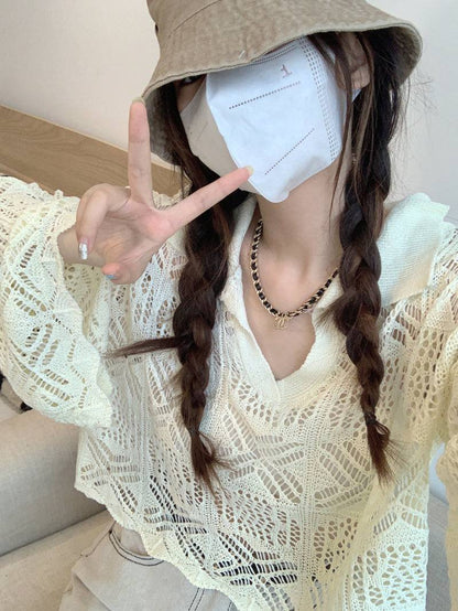 korean hollow knit pullover, flared sleeve summer sweater, loose fit sun protection top, lightweight knit cover-up, korean commuter fashion top