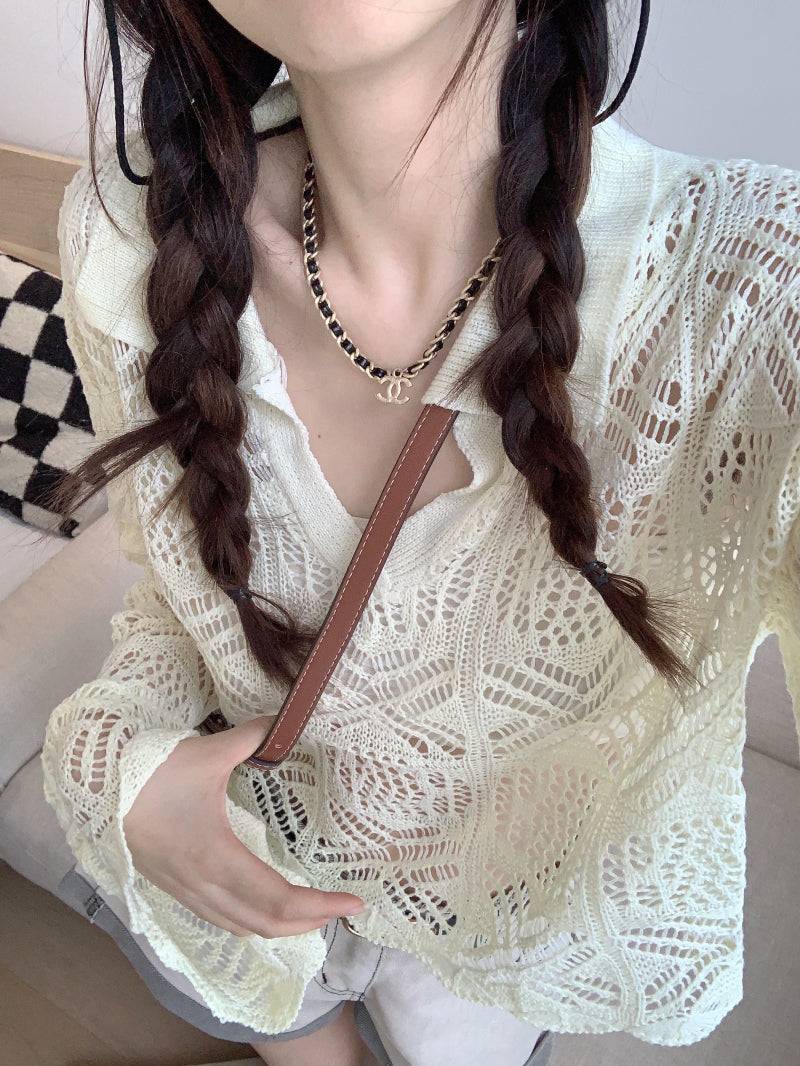 korean hollow knit pullover, flared sleeve summer sweater, loose fit sun protection top, lightweight knit cover-up, korean commuter fashion top