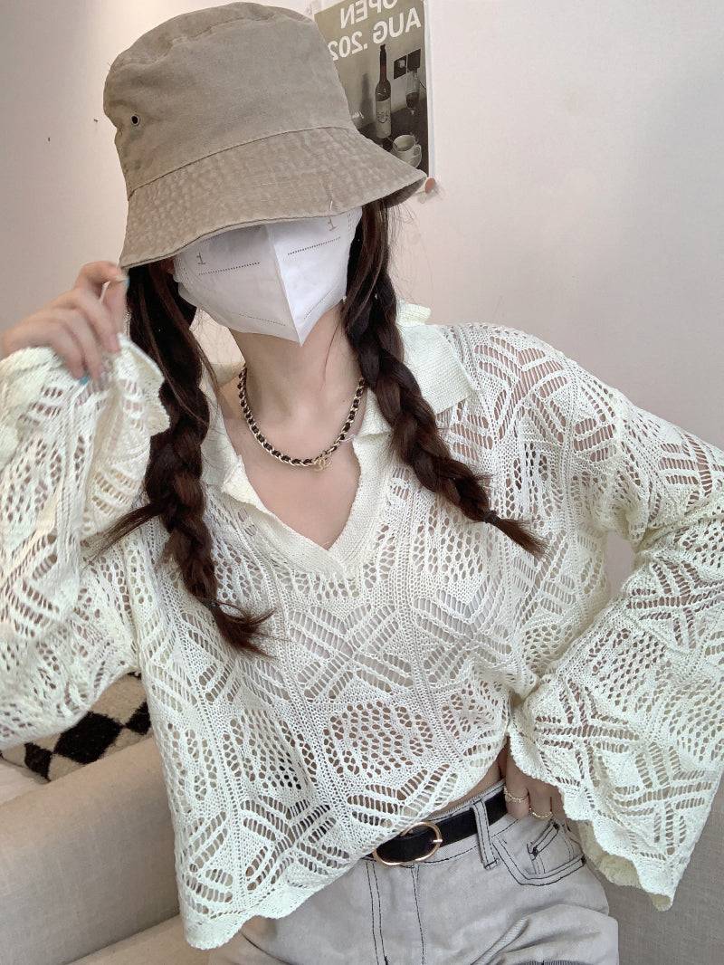 korean hollow knit pullover, flared sleeve summer sweater, loose fit sun protection top, lightweight knit cover-up, korean commuter fashion top