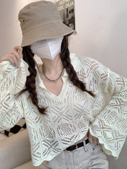 korean hollow knit pullover, flared sleeve summer sweater, loose fit sun protection top, lightweight knit cover-up, korean commuter fashion top
