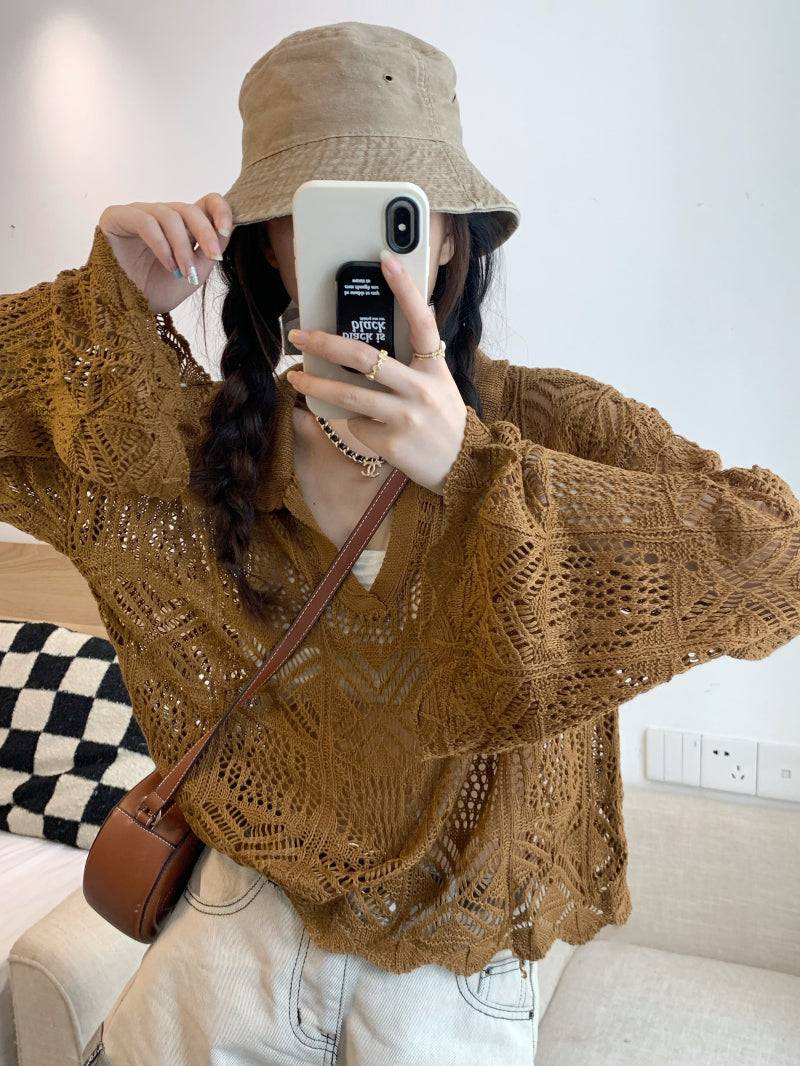 korean hollow knit pullover, flared sleeve summer sweater, loose fit sun protection top, lightweight knit cover-up, korean commuter fashion top