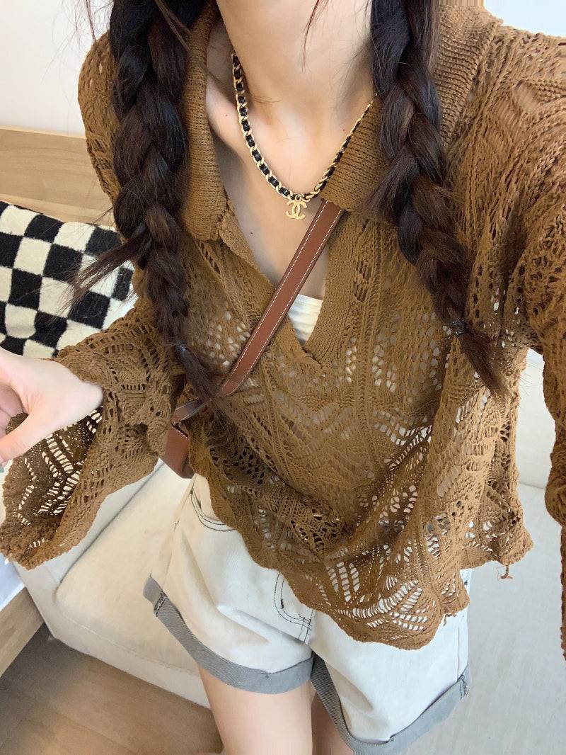 korean hollow knit pullover, flared sleeve summer sweater, loose fit sun protection top, lightweight knit cover-up, korean commuter fashion top