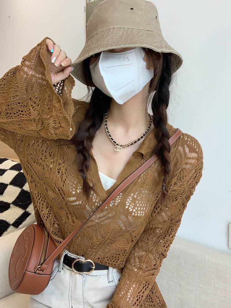 korean hollow knit pullover, flared sleeve summer sweater, loose fit sun protection top, lightweight knit cover-up, korean commuter fashion top