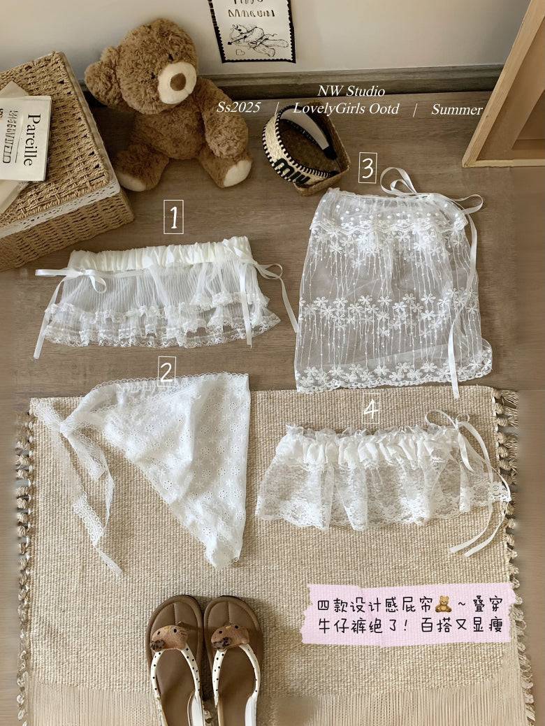 lace skirt overlay, apron style hip wrap, korean sweet girl fashion, layered mini skirt belt, y2k lace wrap skirt