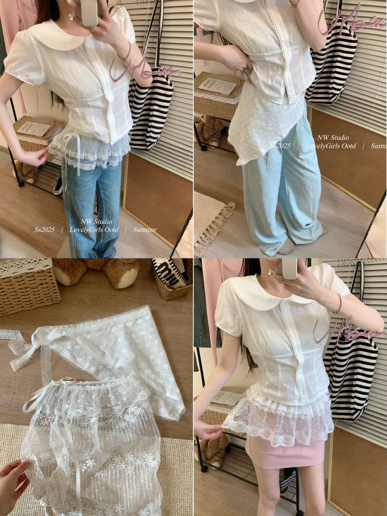 lace skirt overlay, apron style hip wrap, korean sweet girl fashion, layered mini skirt belt, y2k lace wrap skirt