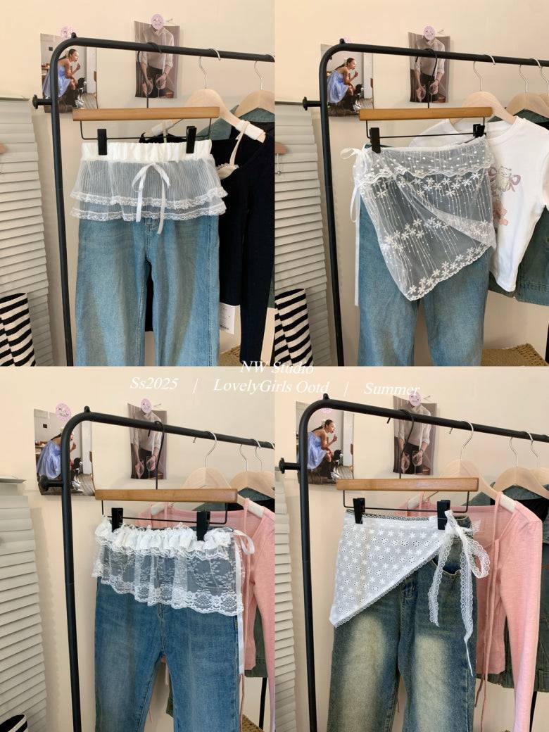 lace skirt overlay, apron style hip wrap, korean sweet girl fashion, layered mini skirt belt, y2k lace wrap skirt