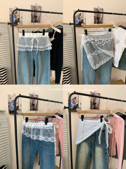 lace skirt overlay, apron style hip wrap, korean sweet girl fashion, layered mini skirt belt, y2k lace wrap skirt