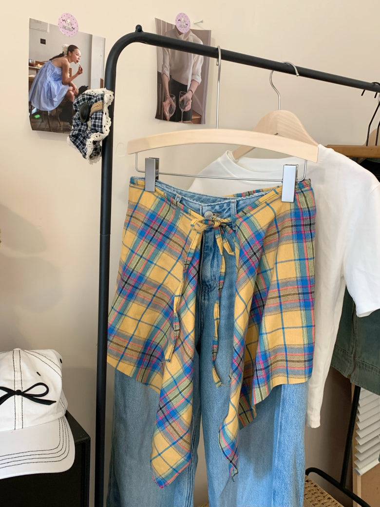 plaid skirt belt, layered wrap-around hip cover, y2k style waist wrap, preppy plaid skirt accessory, high street fashion belt