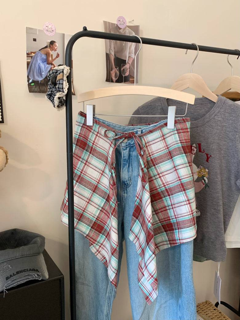 plaid skirt belt, layered wrap-around hip cover, y2k style waist wrap, preppy plaid skirt accessory, high street fashion belt