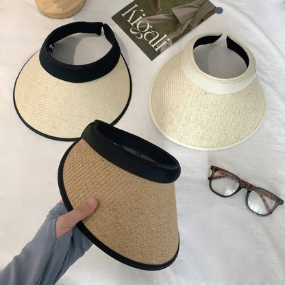 foldable visor hat, wide brim sun hat women, UV protection topless hat, summer straw visor cap, adjustable sunshade hat