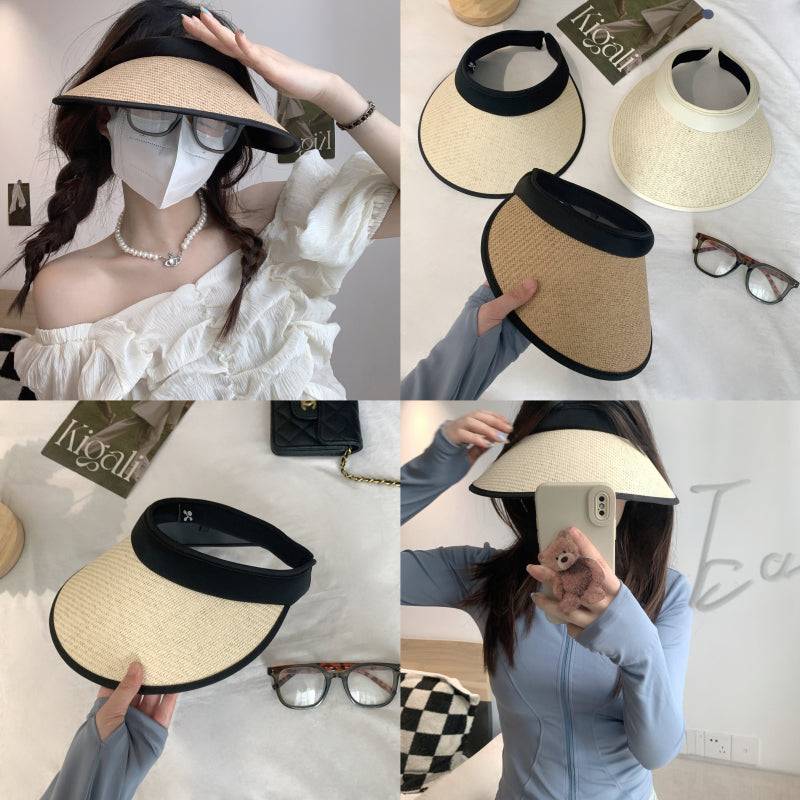foldable visor hat, wide brim sun hat women, UV protection topless hat, summer straw visor cap, adjustable sunshade hat