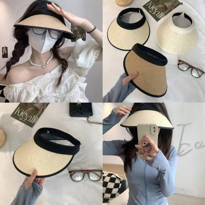 foldable visor hat, wide brim sun hat women, UV protection topless hat, summer straw visor cap, adjustable sunshade hat