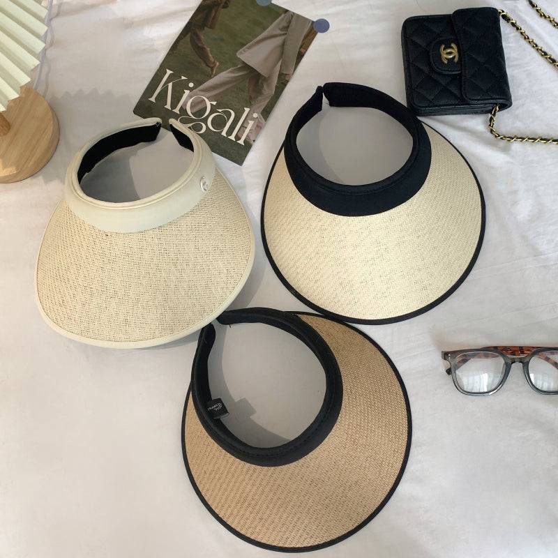 foldable visor hat, wide brim sun hat women, UV protection topless hat, summer straw visor cap, adjustable sunshade hat