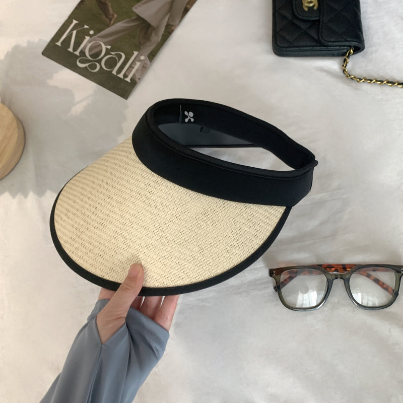 foldable visor hat, wide brim sun hat women, UV protection topless hat, summer straw visor cap, adjustable sunshade hat