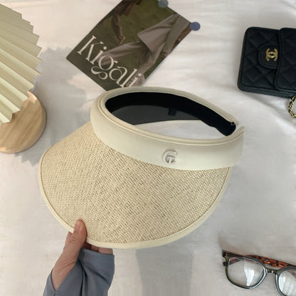 foldable visor hat, wide brim sun hat women, UV protection topless hat, summer straw visor cap, adjustable sunshade hat