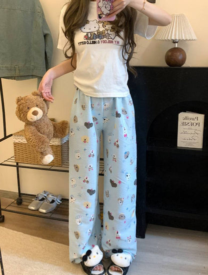 lightweight lounge pants women, cute summer sleepwear, pastel cartoon pajama pants, OOTDAY comfy loungewear, loose fit home pants for girls