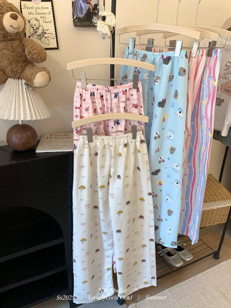 lightweight lounge pants women, cute summer sleepwear, pastel cartoon pajama pants, OOTDAY comfy loungewear, loose fit home pants for girls