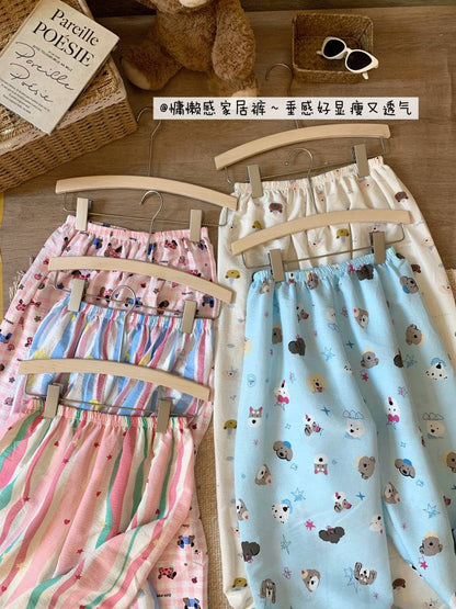 lightweight lounge pants women, cute summer sleepwear, pastel cartoon pajama pants, OOTDAY comfy loungewear, loose fit home pants for girls