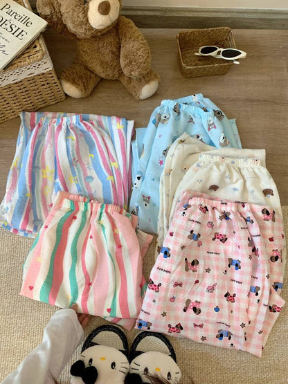 lightweight lounge pants women, cute summer sleepwear, pastel cartoon pajama pants, OOTDAY comfy loungewear, loose fit home pants for girls