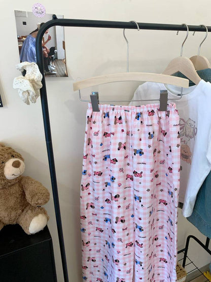 lightweight lounge pants women, cute summer sleepwear, pastel cartoon pajama pants, OOTDAY comfy loungewear, loose fit home pants for girls