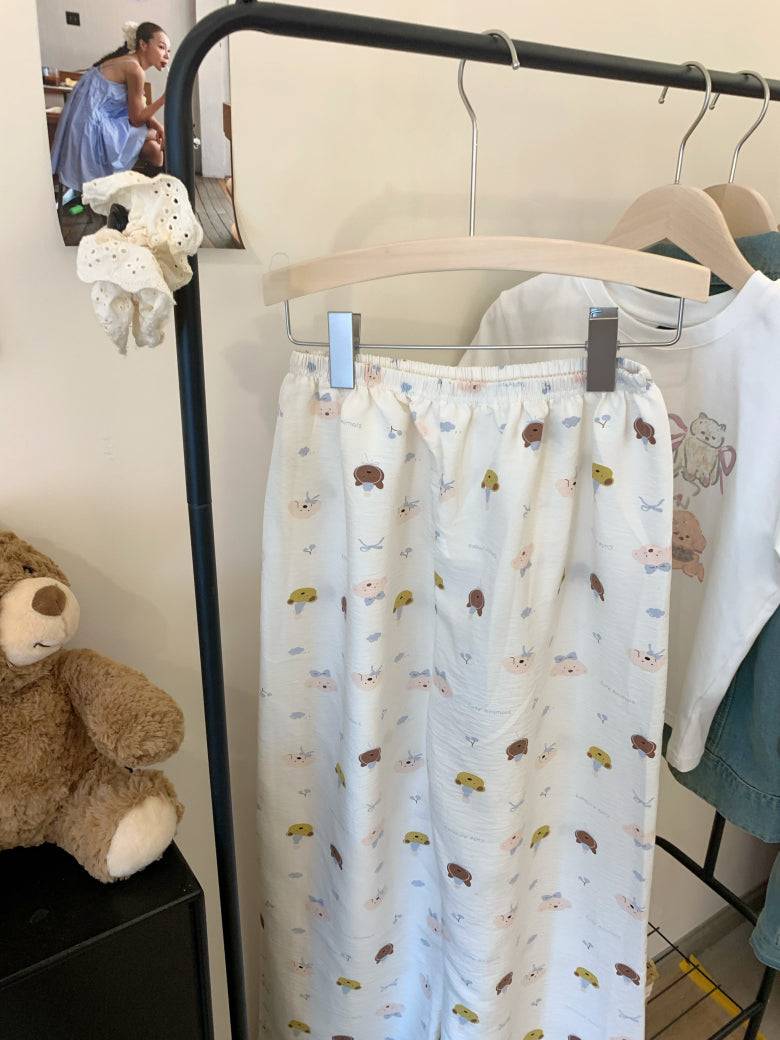 lightweight lounge pants women, cute summer sleepwear, pastel cartoon pajama pants, OOTDAY comfy loungewear, loose fit home pants for girls