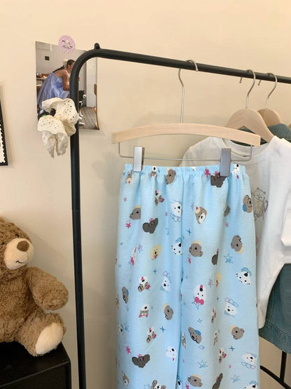 lightweight lounge pants women, cute summer sleepwear, pastel cartoon pajama pants, OOTDAY comfy loungewear, loose fit home pants for girls