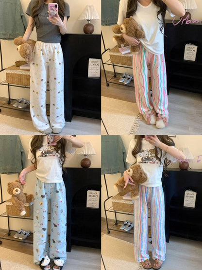 lightweight lounge pants women, cute summer sleepwear, pastel cartoon pajama pants, OOTDAY comfy loungewear, loose fit home pants for girls