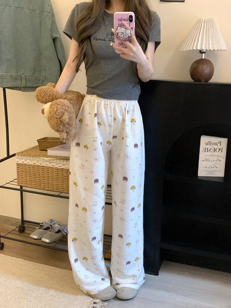 lightweight lounge pants women, cute summer sleepwear, pastel cartoon pajama pants, OOTDAY comfy loungewear, loose fit home pants for girls