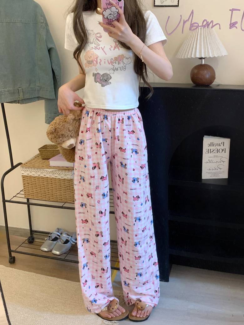 lightweight lounge pants women, cute summer sleepwear, pastel cartoon pajama pants, OOTDAY comfy loungewear, loose fit home pants for girls