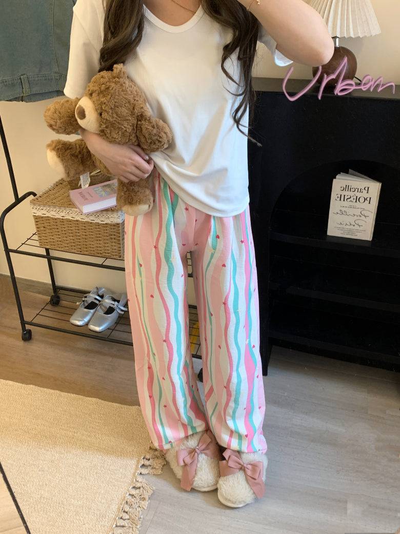 lightweight lounge pants women, cute summer sleepwear, pastel cartoon pajama pants, OOTDAY comfy loungewear, loose fit home pants for girls