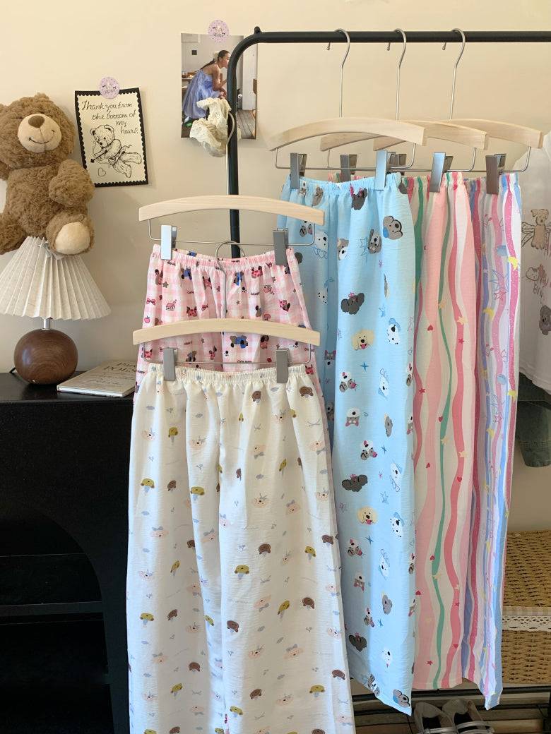 lightweight lounge pants women, cute summer sleepwear, pastel cartoon pajama pants, OOTDAY comfy loungewear, loose fit home pants for girls