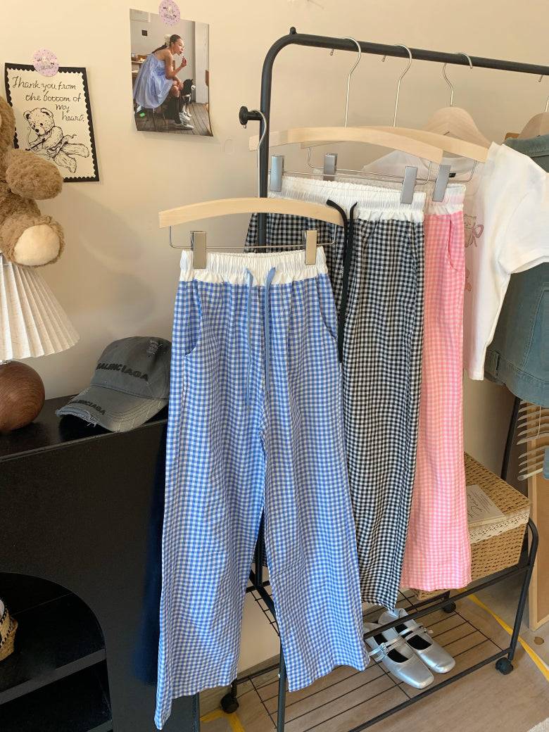 plaid wide-leg pants, summer lounge pants, kawaii casual trousers, women’s elastic waist pants, OOTDAY plaid pants