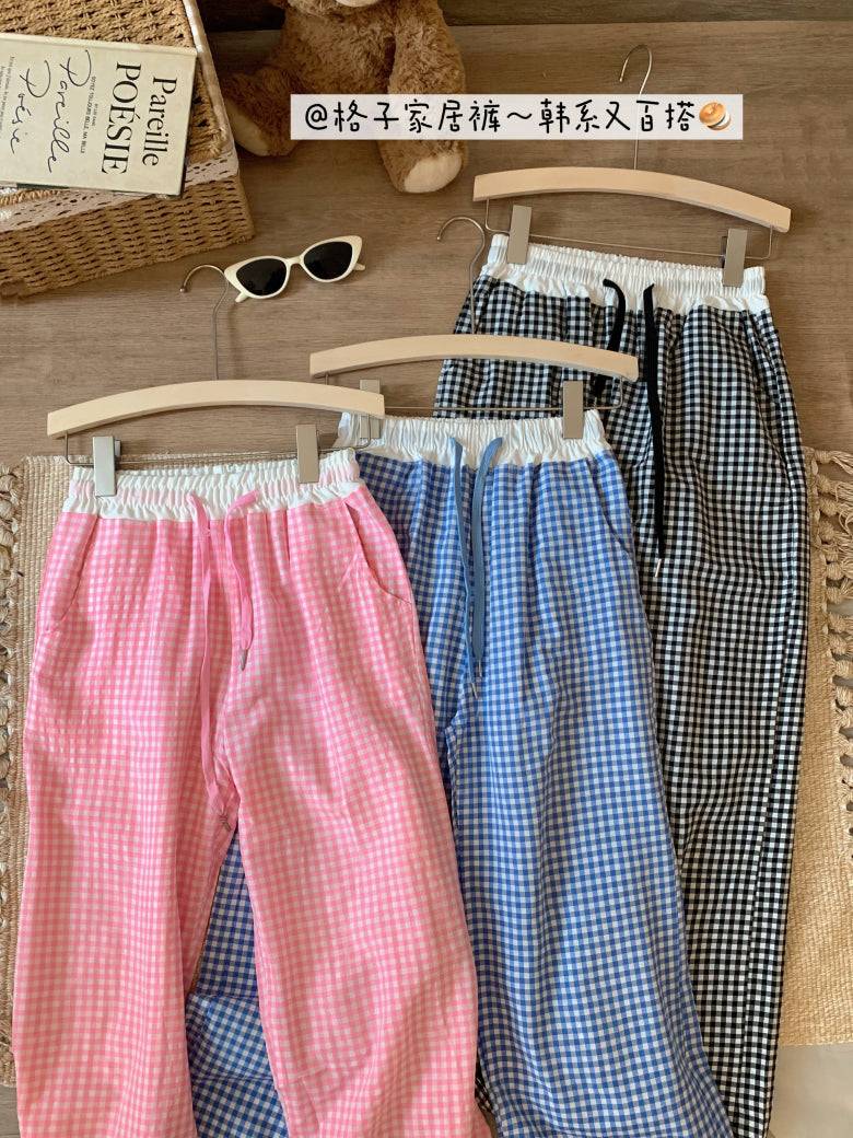 plaid wide-leg pants, summer lounge pants, kawaii casual trousers, women’s elastic waist pants, OOTDAY plaid pants