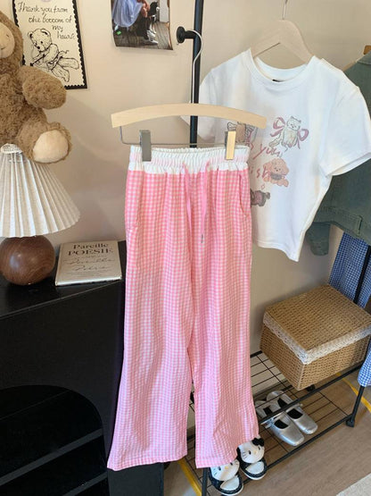 plaid wide-leg pants, summer lounge pants, kawaii casual trousers, women’s elastic waist pants, OOTDAY plaid pants