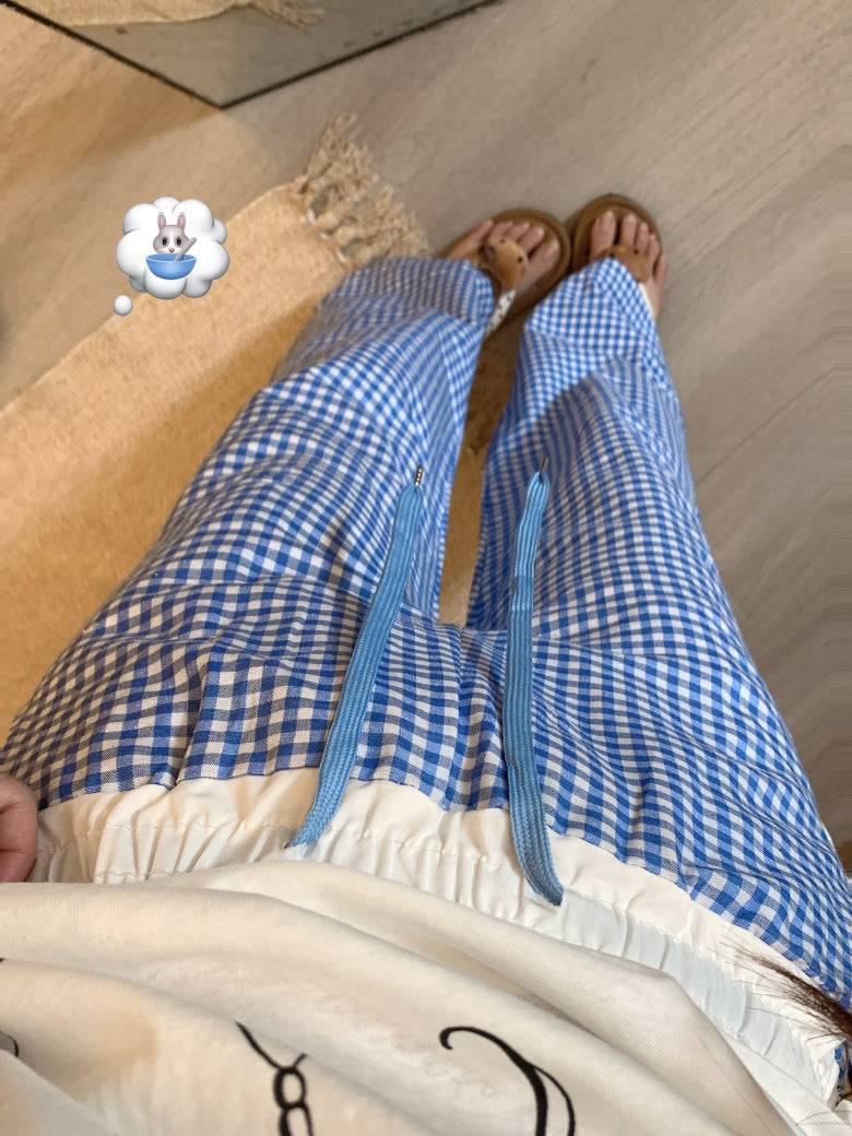 plaid wide-leg pants, summer lounge pants, kawaii casual trousers, women’s elastic waist pants, OOTDAY plaid pants