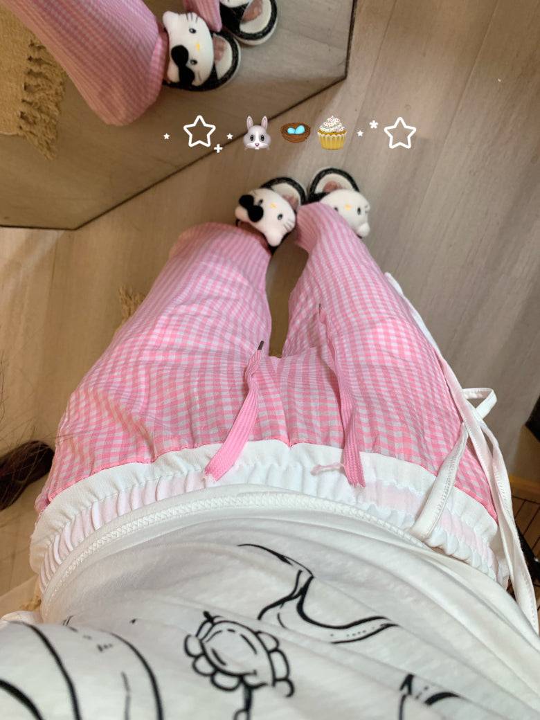 plaid wide-leg pants, summer lounge pants, kawaii casual trousers, women’s elastic waist pants, OOTDAY plaid pants