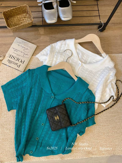korean knit cardigan for women, retro short sleeve knitwear, v-neck lapel summer top, slim fit Korean fashion, cable knit summer cardigan, ootday fashion 2025