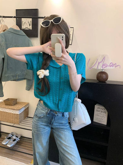 korean knit cardigan for women, retro short sleeve knitwear, v-neck lapel summer top, slim fit Korean fashion, cable knit summer cardigan, ootday fashion 2025