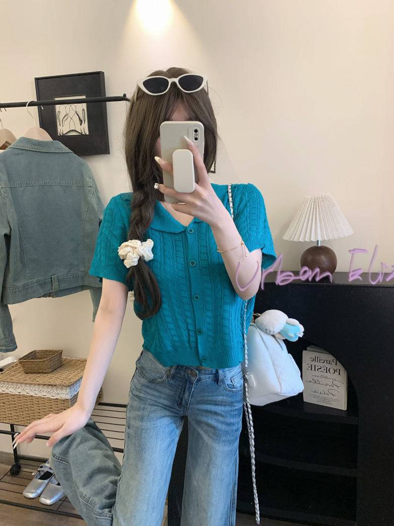 korean knit cardigan for women, retro short sleeve knitwear, v-neck lapel summer top, slim fit Korean fashion, cable knit summer cardigan, ootday fashion 2025