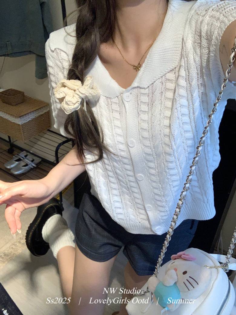 korean knit cardigan for women, retro short sleeve knitwear, v-neck lapel summer top, slim fit Korean fashion, cable knit summer cardigan, ootday fashion 2025