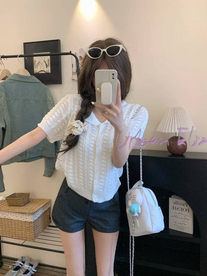 korean knit cardigan for women, retro short sleeve knitwear, v-neck lapel summer top, slim fit Korean fashion, cable knit summer cardigan, ootday fashion 2025