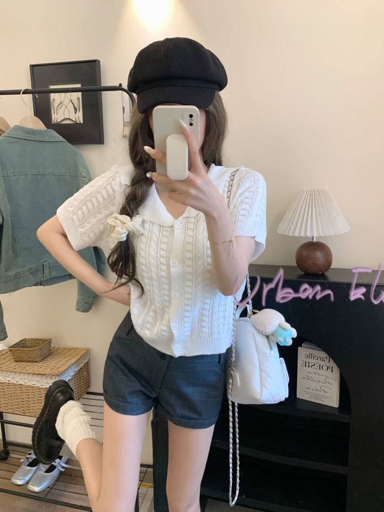korean knit cardigan for women, retro short sleeve knitwear, v-neck lapel summer top, slim fit Korean fashion, cable knit summer cardigan, ootday fashion 2025