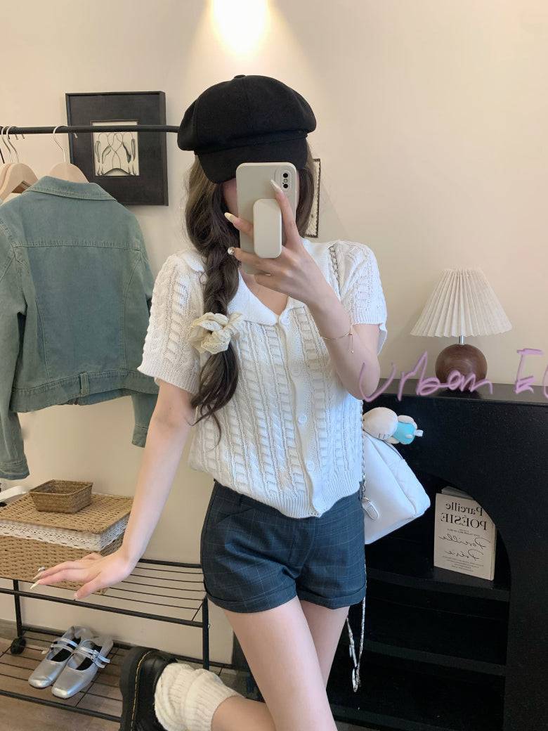 korean knit cardigan for women, retro short sleeve knitwear, v-neck lapel summer top, slim fit Korean fashion, cable knit summer cardigan, ootday fashion 2025